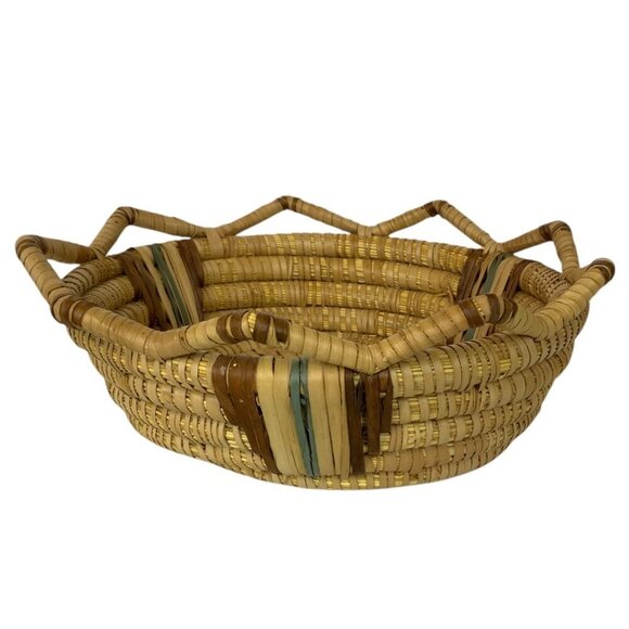 Handwoven Natural Coiled Straw Basket With Decorative Multicolor Stripes Accents - Picture 4 of 7